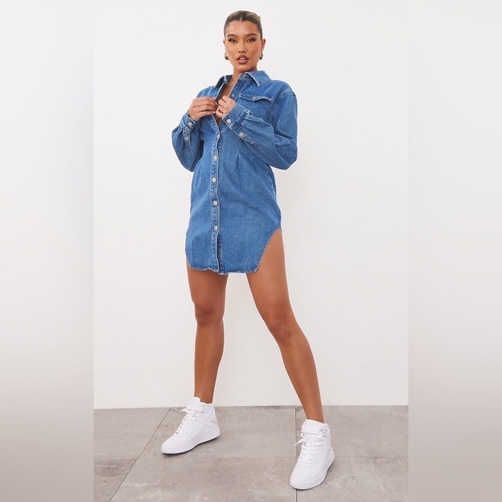 Pretty Little Thing Mid Wash Cinched Denim Long Sleeve Dress- Size 6